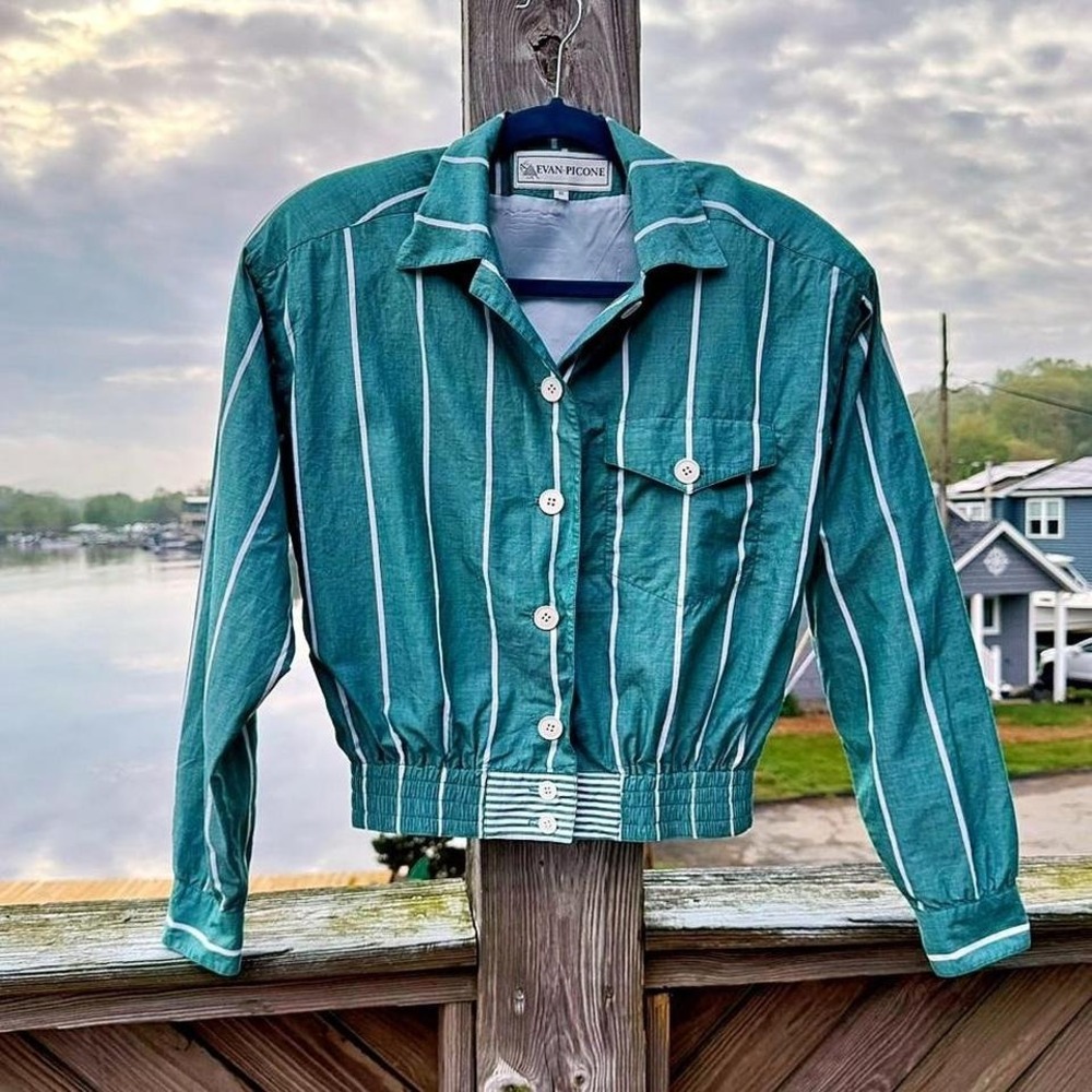 Vintage Crop Bomber Jacket Women's Size 8 Green White Stripe Retro Preppy Sporty